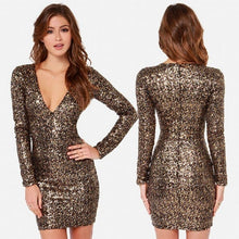 Load image into Gallery viewer, Sexy Gold Color Deep V-Neck Cocktail Dresses Sequined Long Sleeves Mini Short Robe Cocktail Ladies vestidos coctel mujer 2018