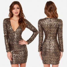 Load image into Gallery viewer, Sexy Gold Color Deep V-Neck Cocktail Dresses Sequined Long Sleeves Mini Short Robe Cocktail Ladies vestidos coctel mujer 2018