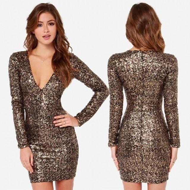Sexy Gold Color Deep V-Neck Cocktail Dresses Sequined Long Sleeves Mini Short Robe Cocktail Ladies vestidos coctel mujer 2018