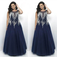 Load image into Gallery viewer, Luxurious Embroidery Beading Evening Dress Plus Size Formal Gown Navy Blue Fashion O Neck Sleeveless Long robe de soiree 2018