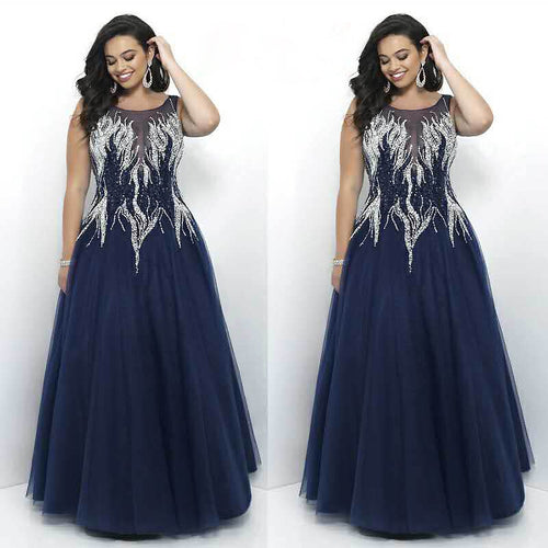Luxurious Embroidery Beading Evening Dress Plus Size Formal Gown Navy Blue Fashion O Neck Sleeveless Long robe de soiree 2018