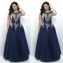Load image into Gallery viewer, Luxurious Embroidery Beading Evening Dress Plus Size Formal Gown Navy Blue Fashion O Neck Sleeveless Long robe de soiree 2018