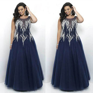 Luxurious Embroidery Beading Evening Dress Plus Size Formal Gown Navy Blue Fashion O Neck Sleeveless Long robe de soiree 2018