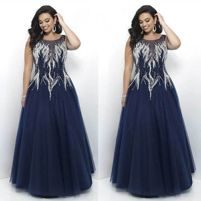 Luxurious Embroidery Beading Evening Dress Plus Size Formal Gown Navy Blue Fashion O Neck Sleeveless Long robe de soiree 2018