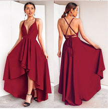 Load image into Gallery viewer, Women Sexy High Low Cross Back Cocktail Dresses Sexy Burgundy A-line Deep V-neck Spaghetti Straps Chiffon Short Formal Dresses
