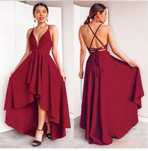 Load image into Gallery viewer, Women Sexy High Low Cross Back Cocktail Dresses Sexy Burgundy A-line Deep V-neck Spaghetti Straps Chiffon Short Formal Dresses