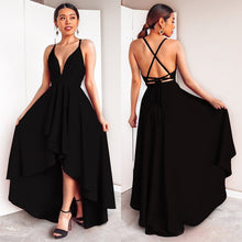 Load image into Gallery viewer, Women Sexy High Low Cross Back Cocktail Dresses Sexy Burgundy A-line Deep V-neck Spaghetti Straps Chiffon Short Formal Dresses