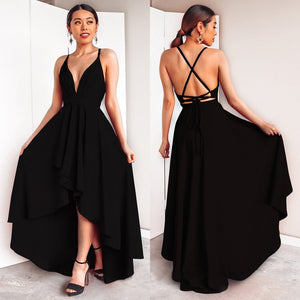 Women Sexy High Low Cross Back Cocktail Dresses Sexy Burgundy A-line Deep V-neck Spaghetti Straps Chiffon Short Formal Dresses